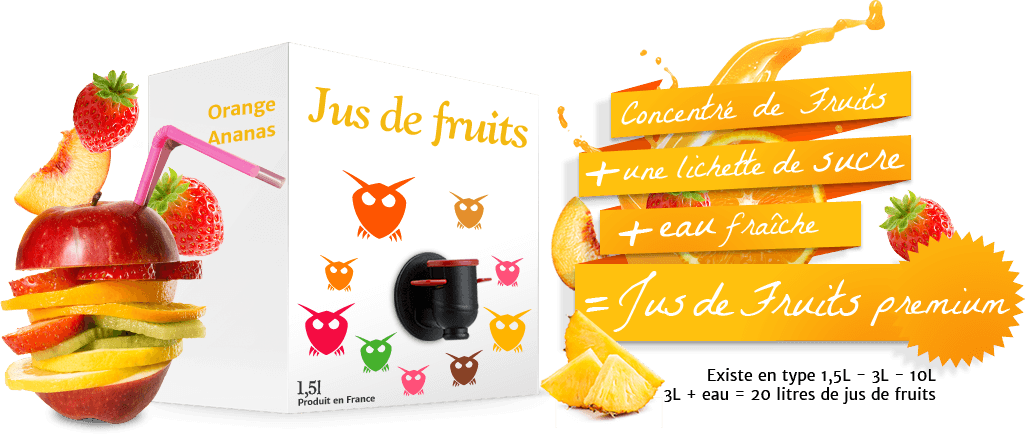 Concentré de fuits + une lichette de sucre + eau fraîche = Jus de Fruits premium